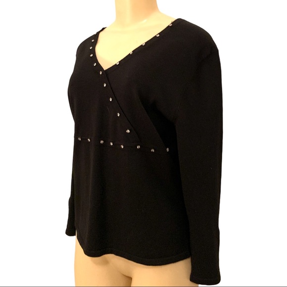 SILK Spenser Jeremy Petite Gem Bead Embellished Black LS V Neck Dress Shirt Top - Picture 3 of 5